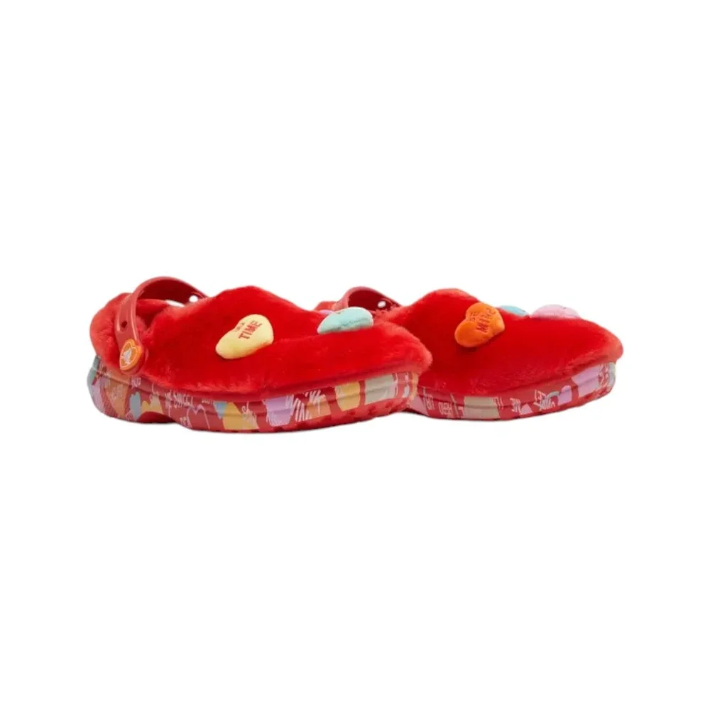 Crocs Sweethearts Clogs Mens 10 Red Like New Fuzzy Faux Fur Rare Heart Jibbitz